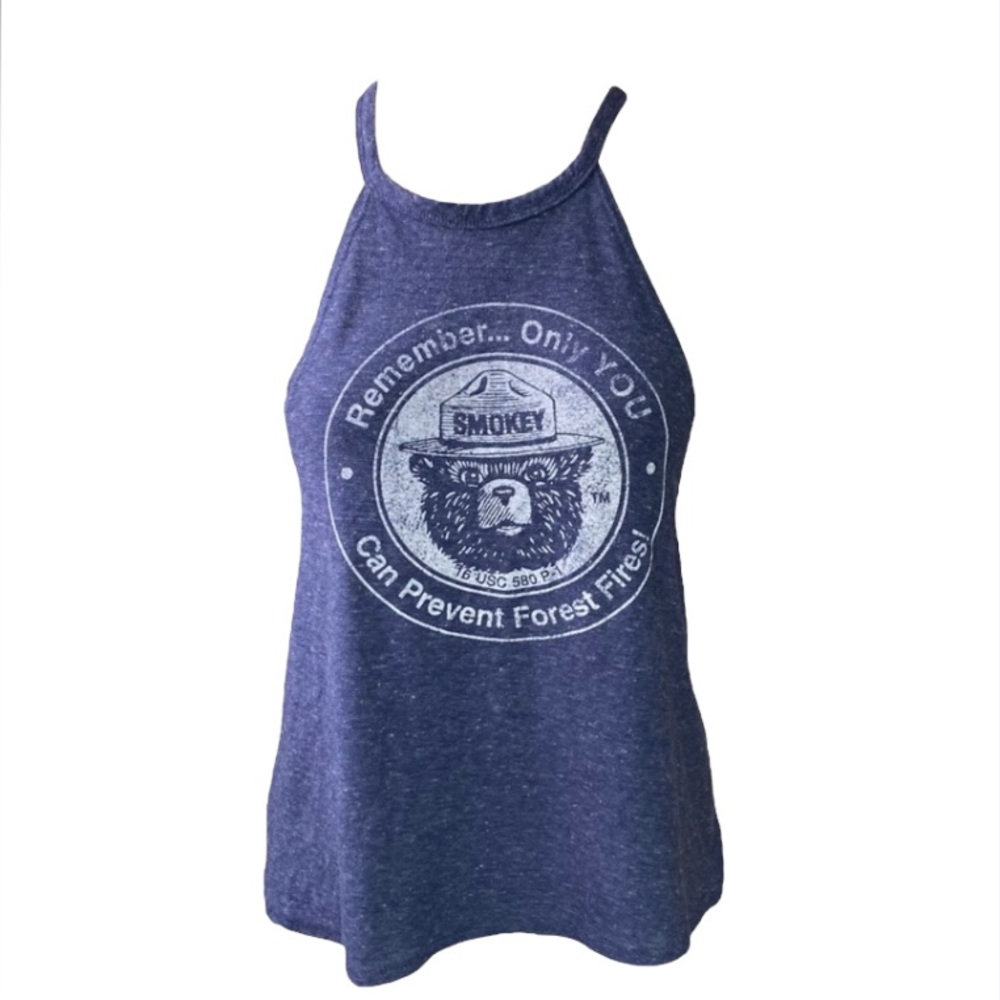 Smokey the Bear prevent forest fires blue racerback tank top graphic S